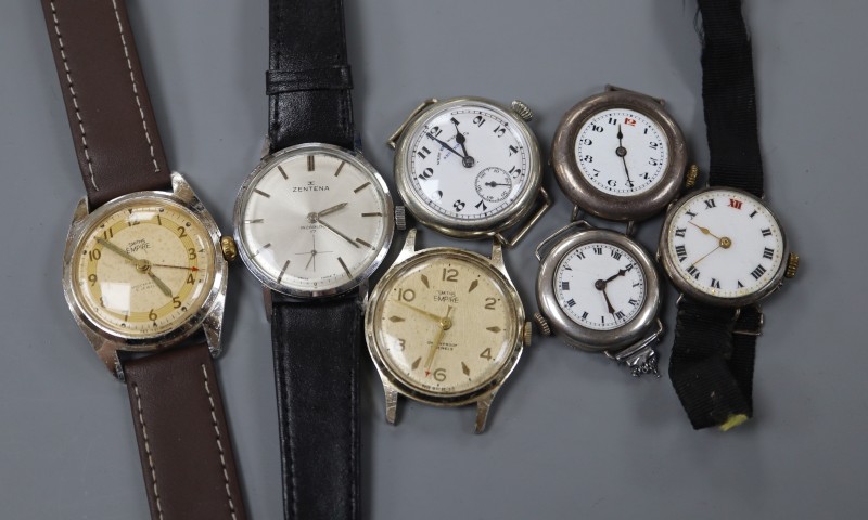 Seven assorted wrist watches, including Smiths Empire and Zentana.